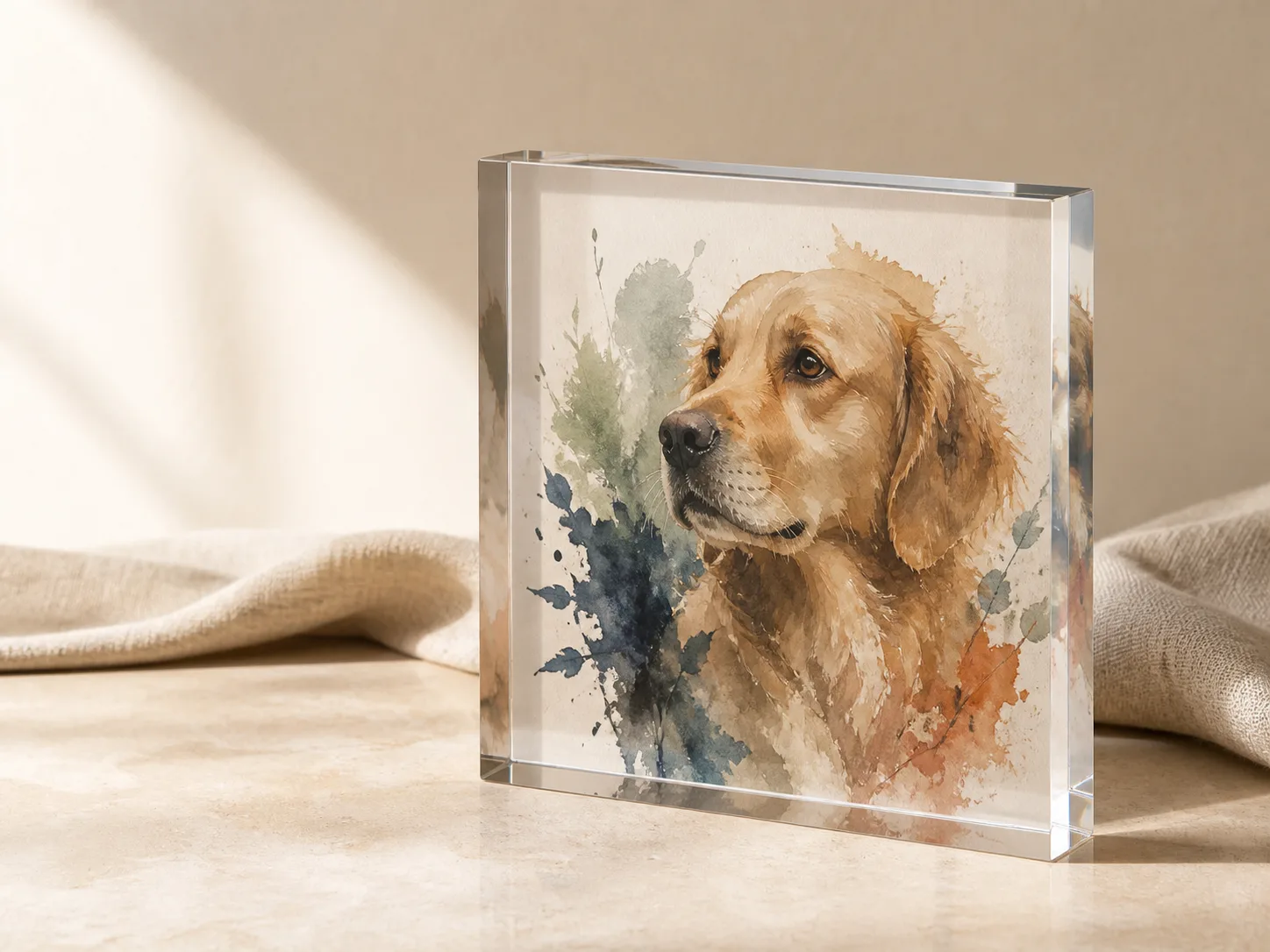A warm pet portrait displayed as an acrylic keepsake on a shelf