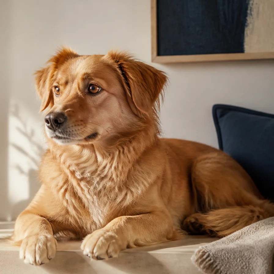 Studio source crop of a golden dog resting in warm window light