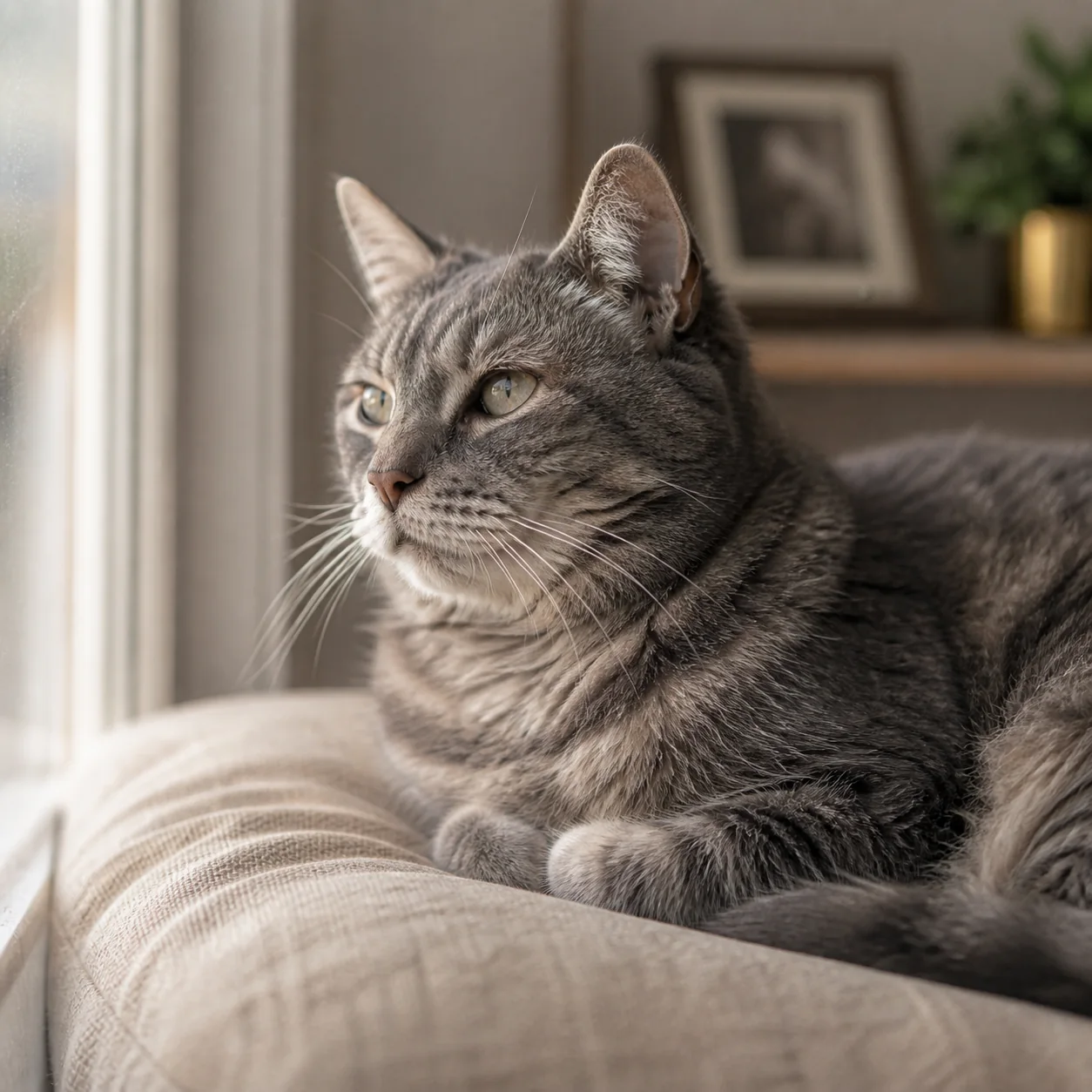 Studio source photo of a gray tabby cat beside a window