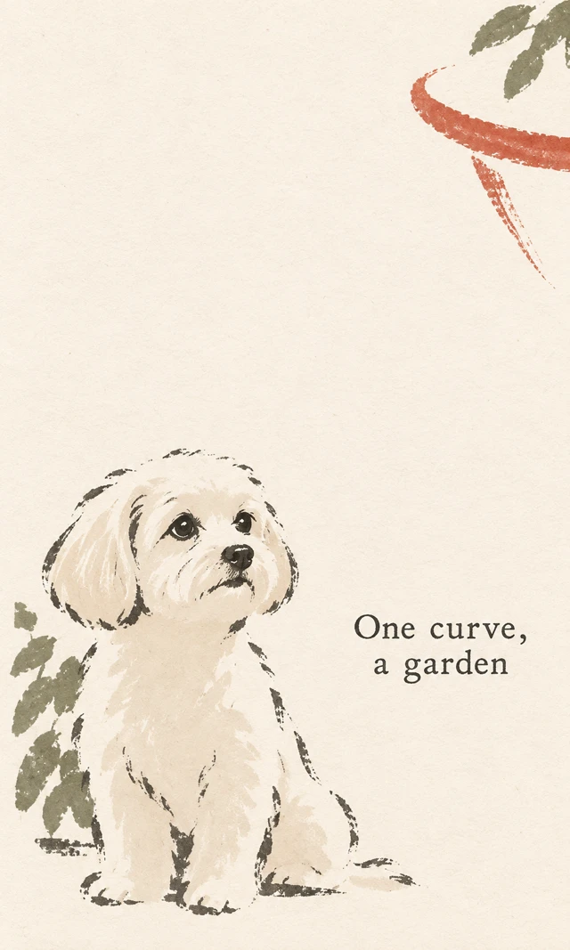 A small dog and garden-inspired curved forms share an open, illustrated paper composition.