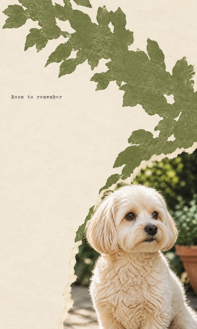 A cream dog photograph occupies the lower-right edge of warm paper. A fibrous diagonal boundary carries an open olive-green canopy upward, beside the quiet words “Room to remember”.