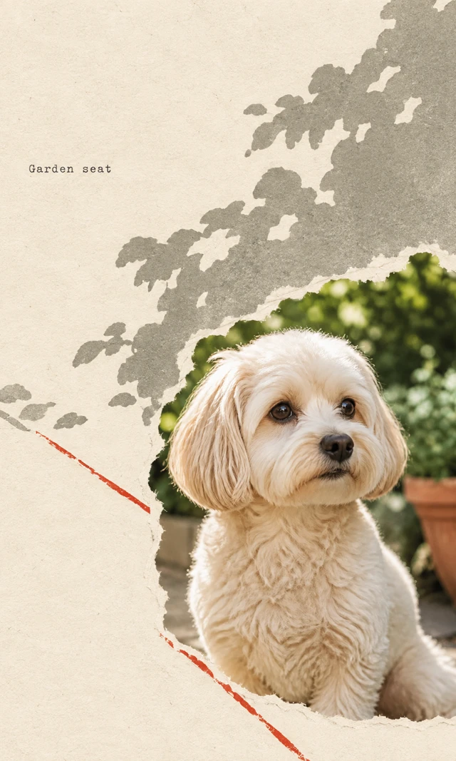 A cream dog’s head and chest sit in a torn photo at lower right. A broad gray canopy and an interrupted red ground line extend over cream paper; “Garden seat” appears at upper left.