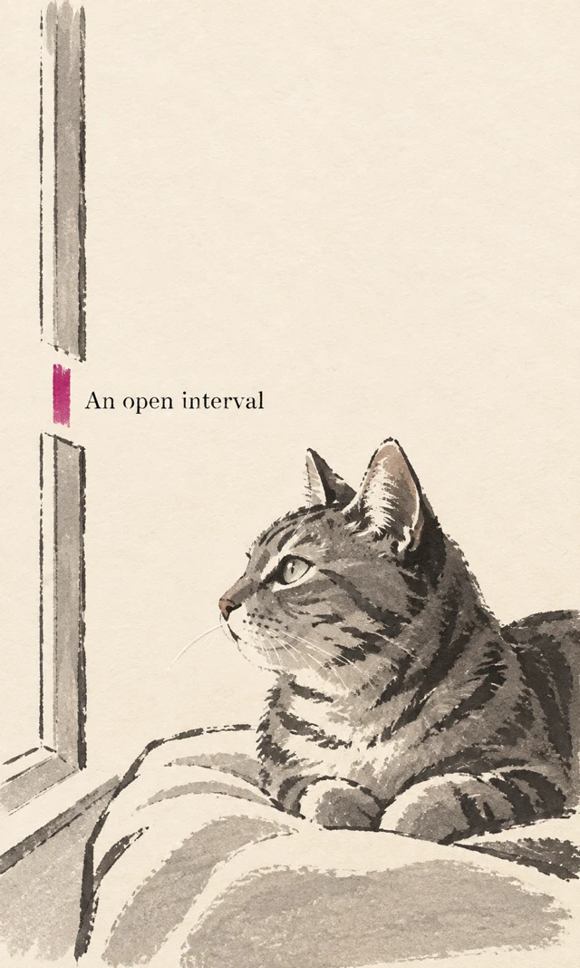 Minimal illustrated tabby cat with window-inspired marks and open space on textured paper.