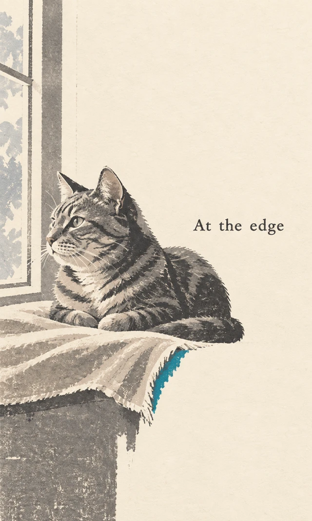 Minimal cat illustration with ledge-inspired paper shapes and sparse graphic accents.