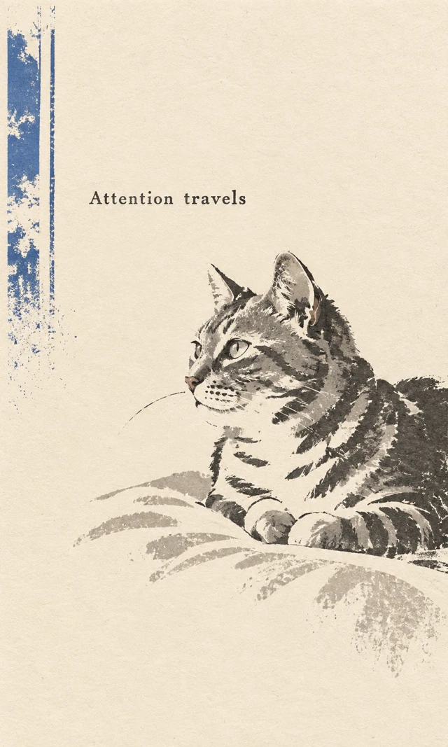 Minimal tabby-cat illustration with window-inspired lines and generous blank space in a paper poster.
