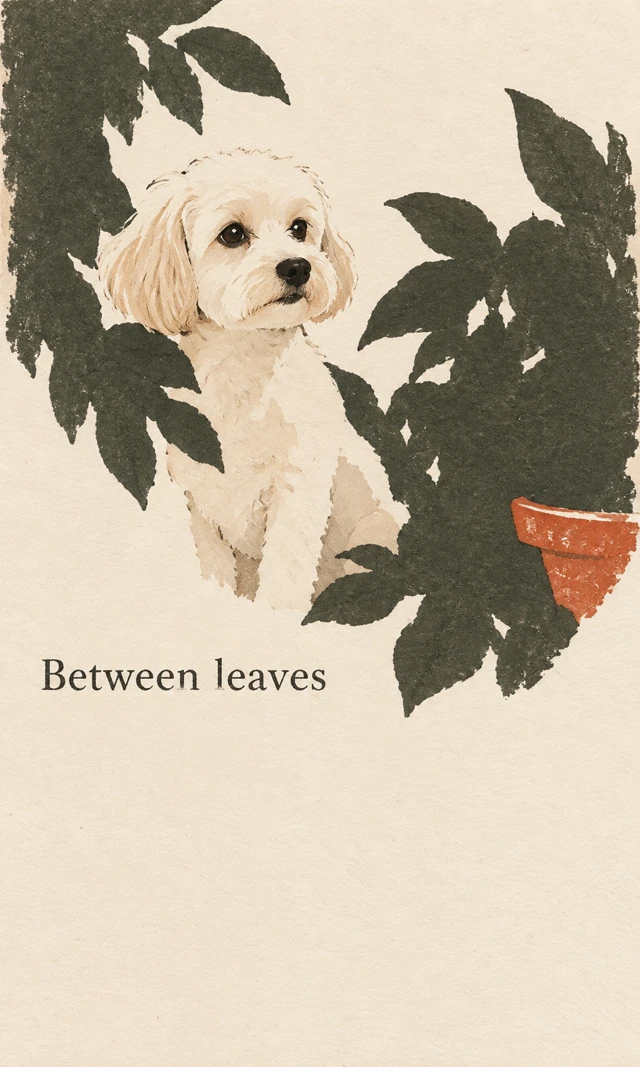 A small dog interpreted through simplified garden shapes in an illustrated paper poster.