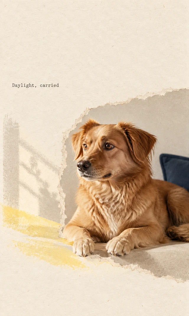 A golden dog rests in a torn photographic fragment beside gray window-light marks and a yellow strip crossing the paper. Text reads “Daylight, carried”.