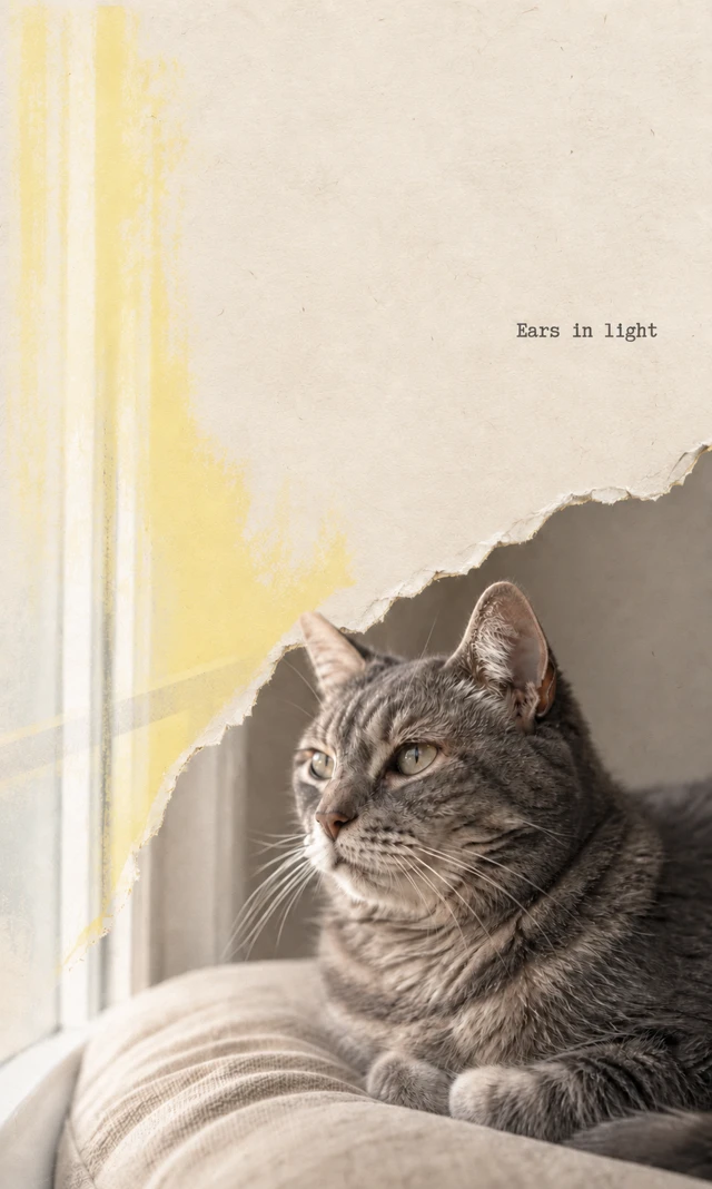 A tabby cat’s photographic ears and face emerge below a fibrous diagonal tear. Pale gray window lines and a yellow light field rise along the left of cream paper; “Ears in light” appears above.