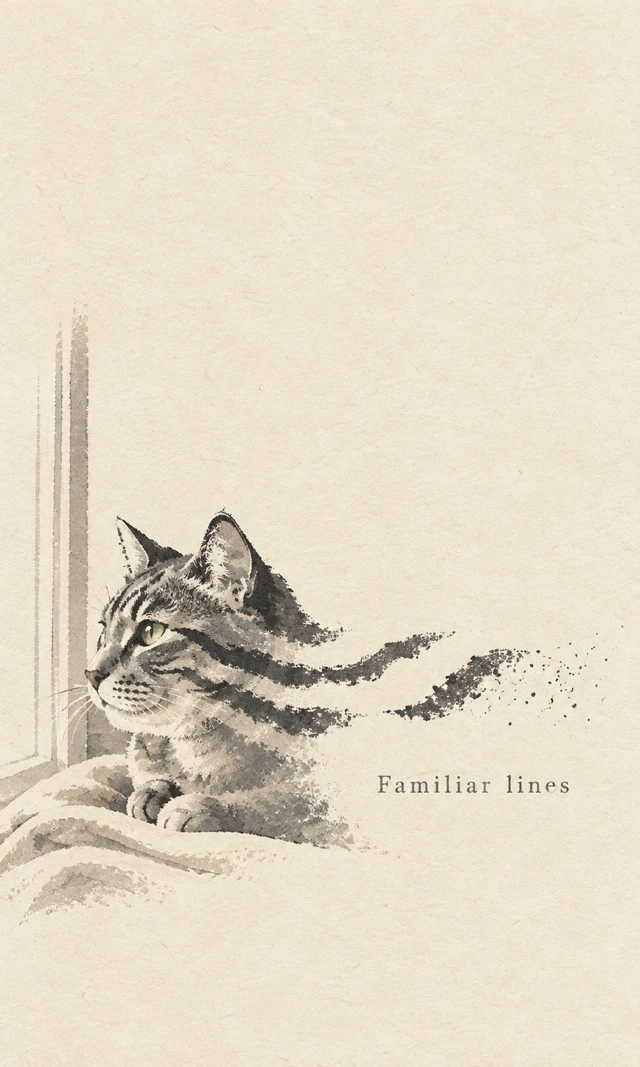 Minimal tabby-cat portrait using simplified markings and restrained graphic details on paper.
