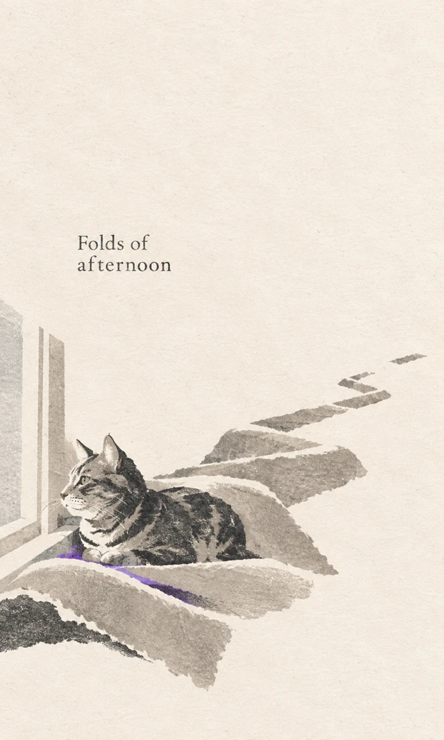 A resting tabby cat interpreted through simplified forms and fold-like marks in a paper poster.