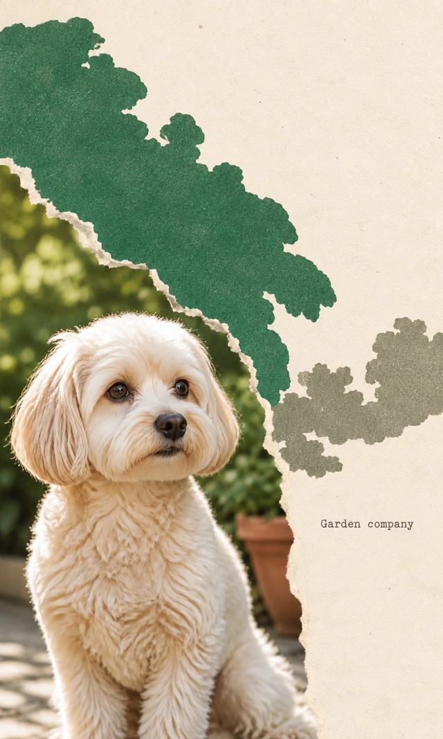 A cream dog photograph continues off the lower-left edge beneath a broad green paper canopy. A gray foliage fragment crosses the fibrous torn seam; small text reads “Garden company”.