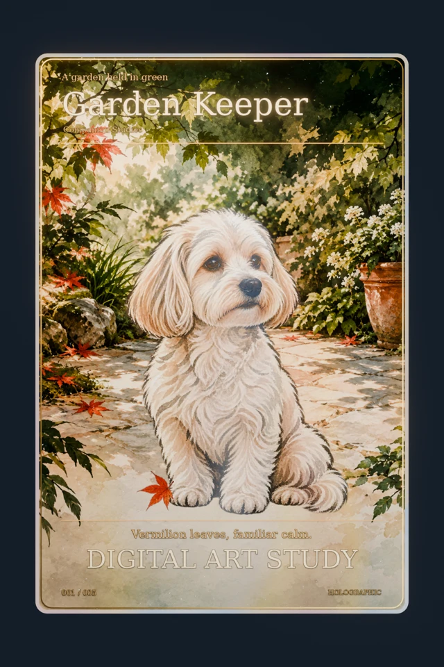 Digital holographic card render of a cream dog under illustrated green garden foliage, with a terracotta curve and the title “Garden Keeper”.