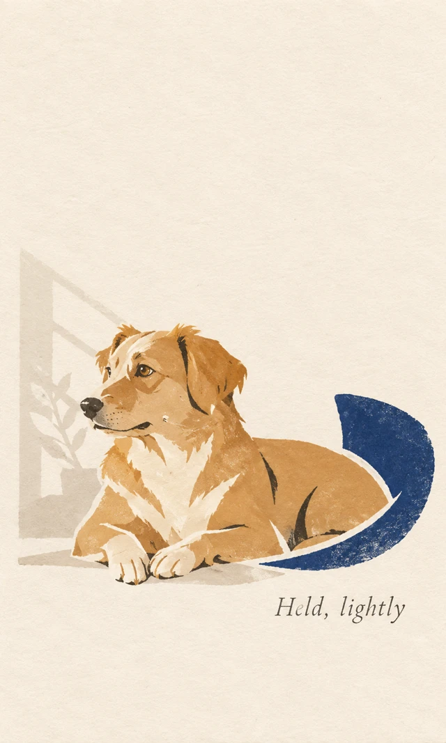 An illustrated dog with soft supporting curves in a restrained, paper-like poster composition.