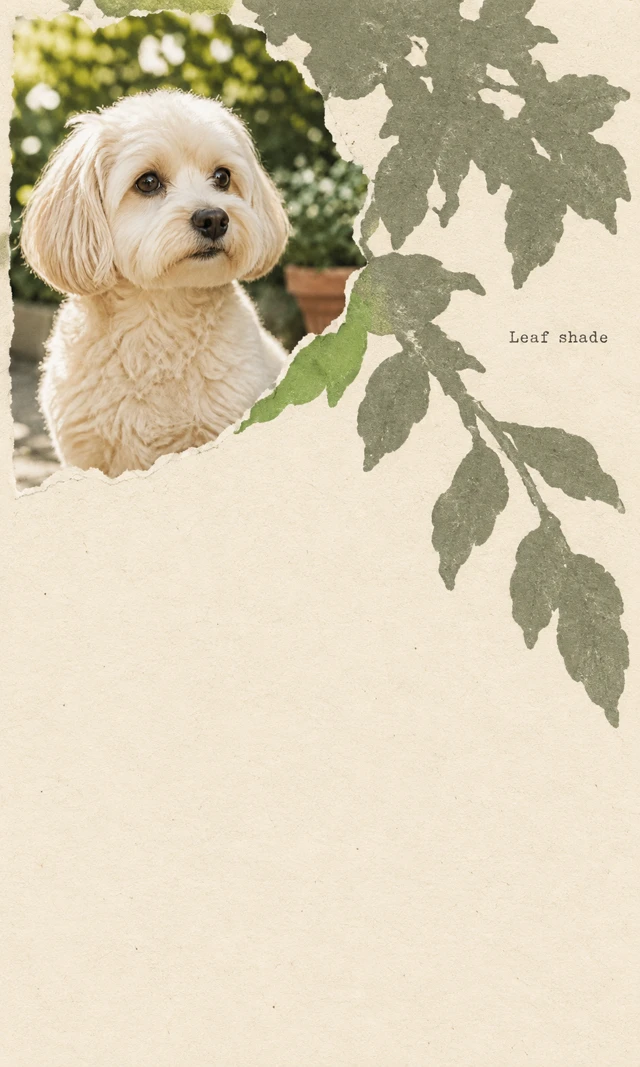 A cream dog’s head and chest remain photographic in an upper-left torn fragment. Broad gray leaves descend at right with one green leaf bridge; “Leaf shade” sits beside them.