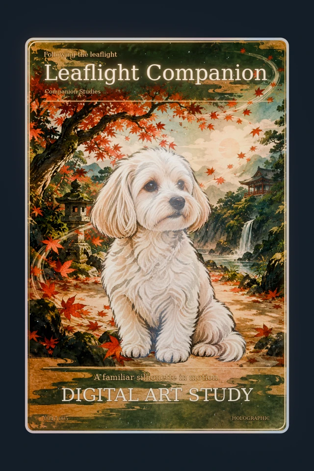 Digital foil card with a seated cream dog and an upward sweep of illustrated green garden leaves, titled “Leaflight Companion”.