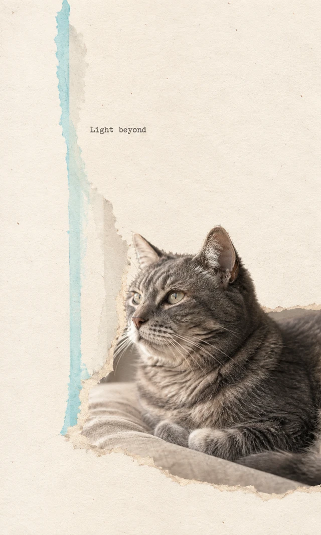 A resting tabby cat fills a torn photo fragment at lower right. A cyan window-edge line rises through open cream paper beside “Light beyond”.