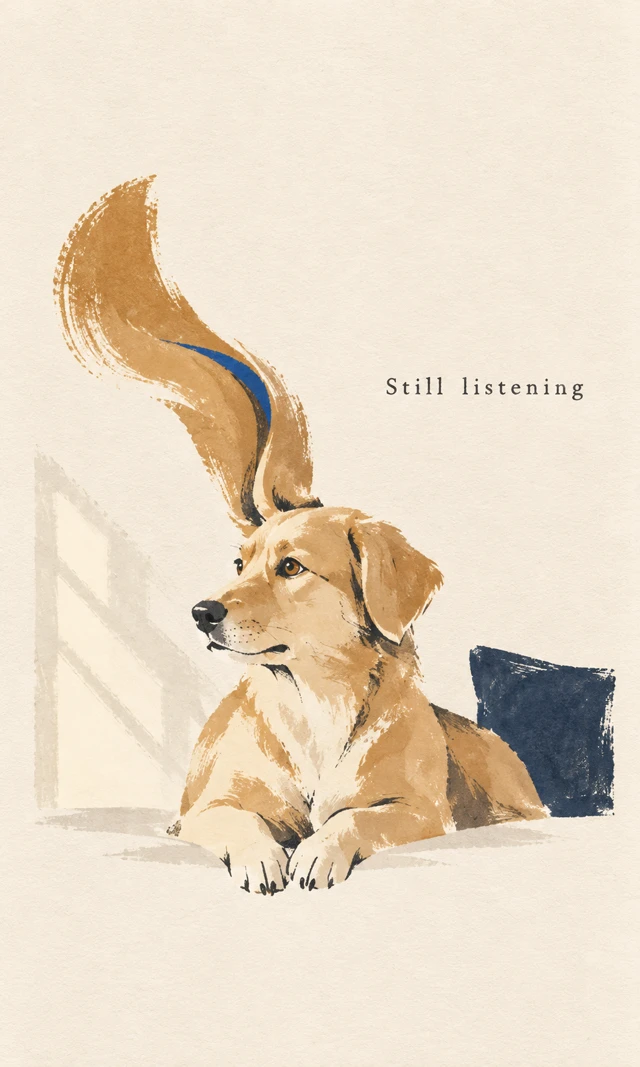 An abstract dog portrait built from gentle curves and simplified resting forms on paper.