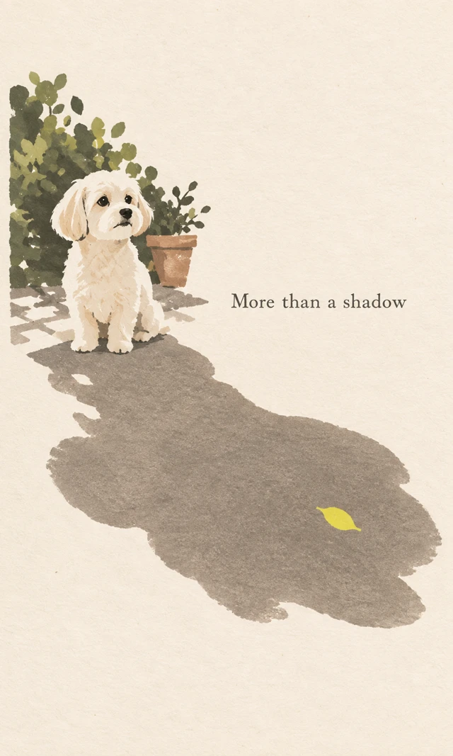 Minimal dog illustration with an abstract shadow-like shape and a spacious paper background.