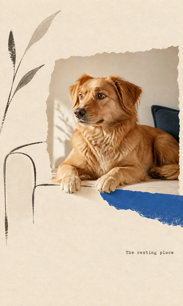 Golden dog photograph with both front paws resting across a torn paper seam. Sparse charcoal sofa and branch-shadow lines meet a cobalt support plane; text reads “The resting place”.