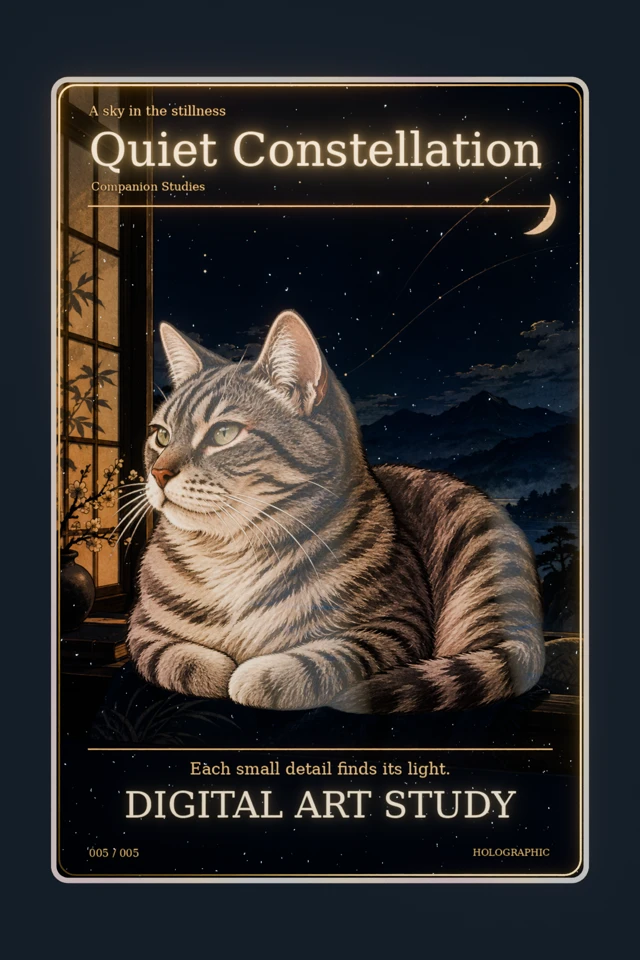 Holographic digital card of a resting gray tabby against sparse indigo-and-gold window-inspired paths, titled “Quiet Constellation”.