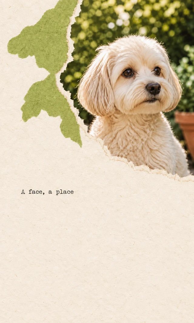 A cream dog’s head and chest remain photographic beside a fibrous torn edge. A broad green foliage shape extends left into cream paper; small text reads “A face, a place”.