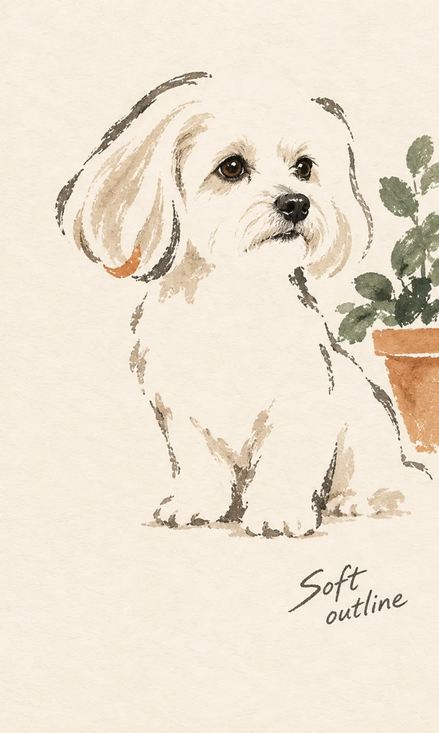 An abstract dog portrait suggested by a few soft shapes and spare lines on a paper-like background.