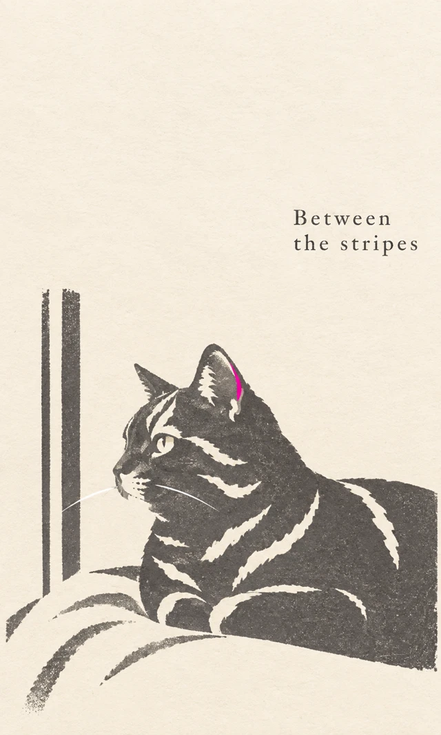 An abstract tabby-cat face suggested through simplified markings and open paper shapes.