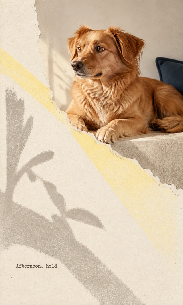 A golden dog rests in a photograph at upper right. A fibrous diagonal tear opens into yellow window light and broad gray branch-shadow shapes; text reads “Afternoon, held”.