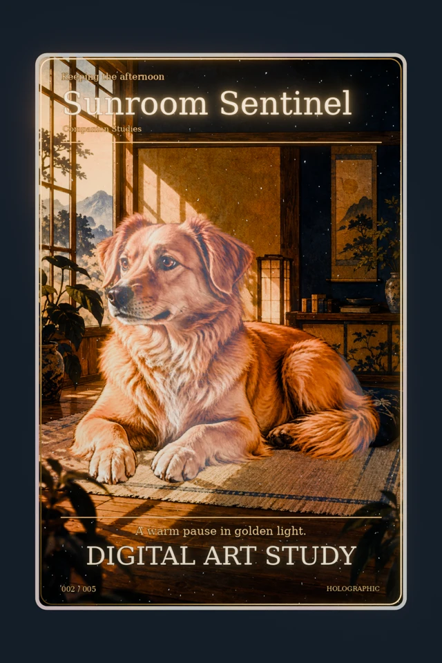 Holographic digital art card of a resting golden dog, indigo cushion and angled window light, titled “Sunroom Sentinel”.
