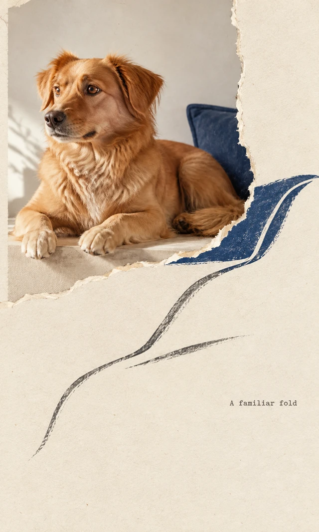 A golden dog rests in a torn upper-left photographic fragment. Its navy cushion continues into blue and charcoal fold lines over cream paper; small text reads “A familiar fold”.