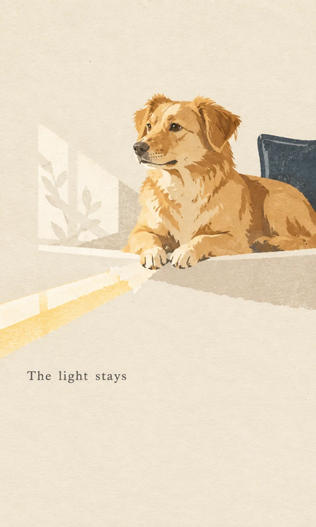 Abstract dog poster inspired by window light, with simplified forms and a quiet paper background.
