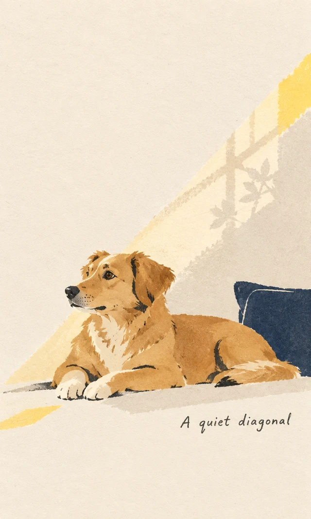 Abstract dog illustration with light-inspired graphic forms and ample paper space.