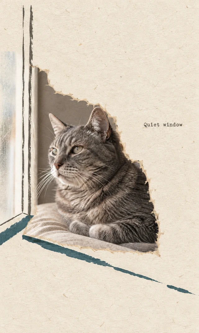 A tabby cat looks left in a torn photographic fragment. Broken window contours and a teal sill extend into cream paper; text reads “Quiet window”.