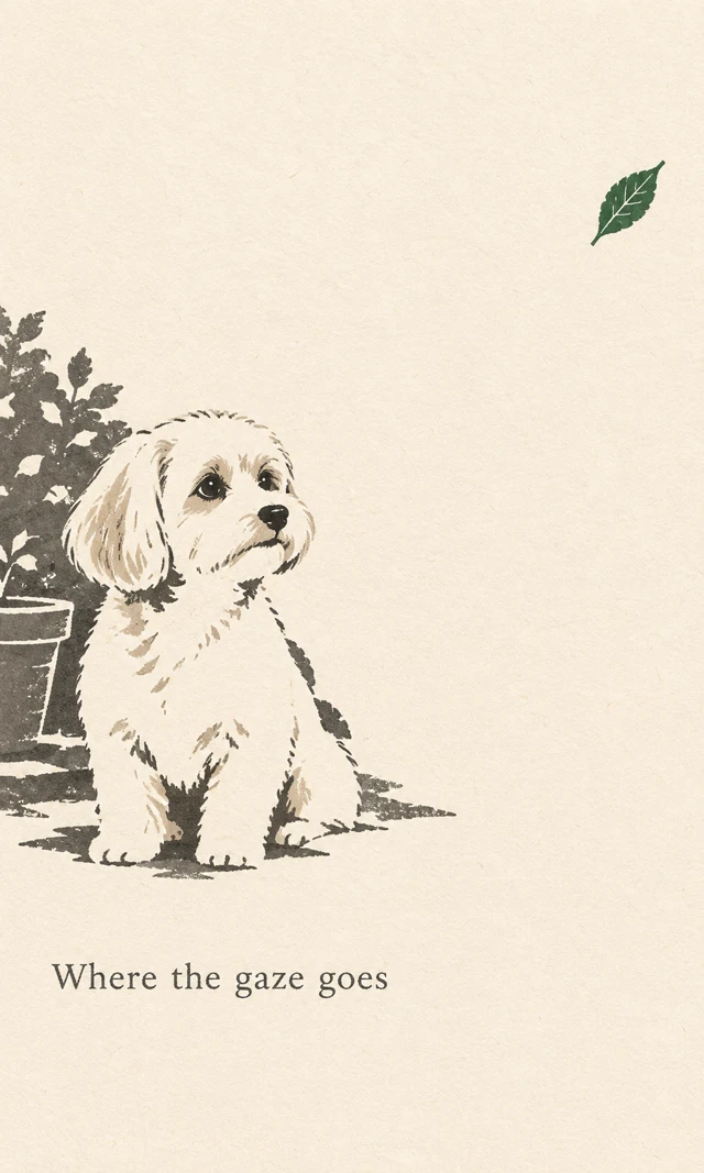 A small dog with garden-inspired graphic details in a spacious illustrated paper poster.
