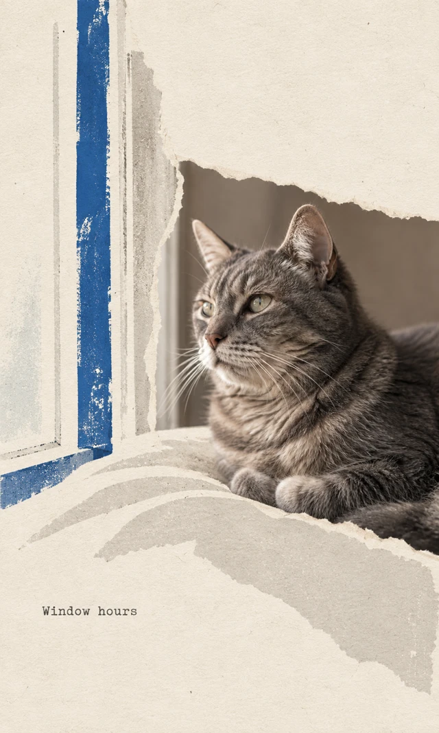 A tabby cat photograph looks toward a tall cobalt window contour. Torn fibers separate it from gray blanket folds on cream paper; small text reads “Window hours”.