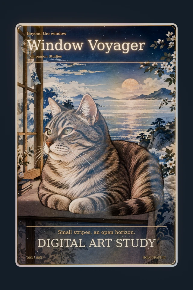 Layered holographic art card with a left-facing tabby and blue wave-like window-light bands, titled “Window Voyager”.